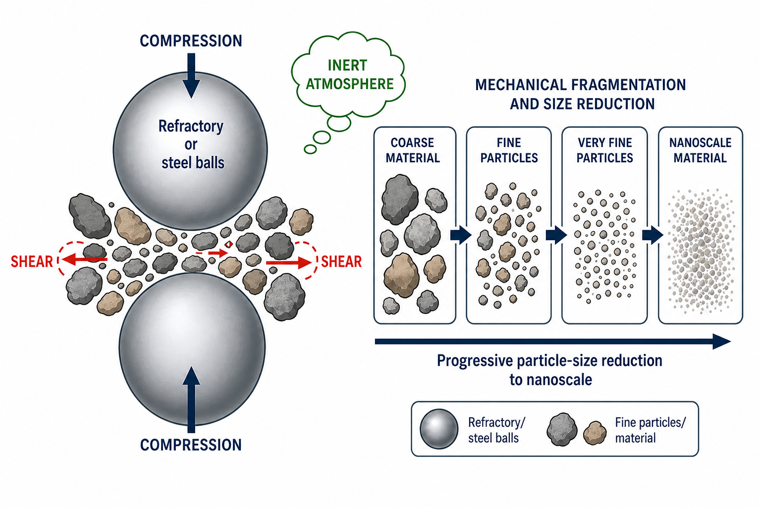 Ball milling schematic: two large refractory/steel balls compress fine particles between them in a preferably inert atmosphere, fragmenting them