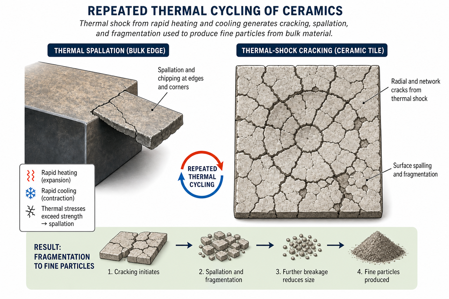 Photographs of thermally cycled ceramics showing extensive cracking and spallation — a chipped metal block corner (left) and a cracked ceramic tile with radial crack patterns (right)