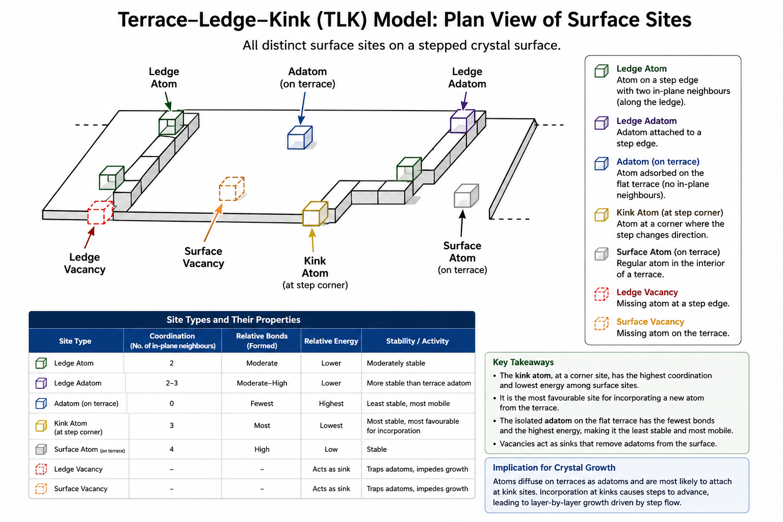 Plan view (top-down) of a crystal terrace showing all TLK site types labelled: ledge atom (at the straight part of a step), adatom (isolated on terrace), ledge adatom (at the top edge of a step), ledge vacancy (missing atom in step edge), surface vacancy (missing atom on flat terrace), kink atom (at a corner in the step edge), and surface atom (on the flat terrace).