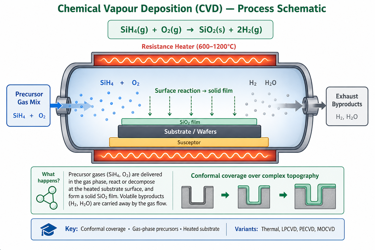 Chemical Vapour Deposition process schematic showing precursor gas flow into heated reactor tube, surface reaction depositing SiO2 film on substrate, and volatile byproduct exhaust