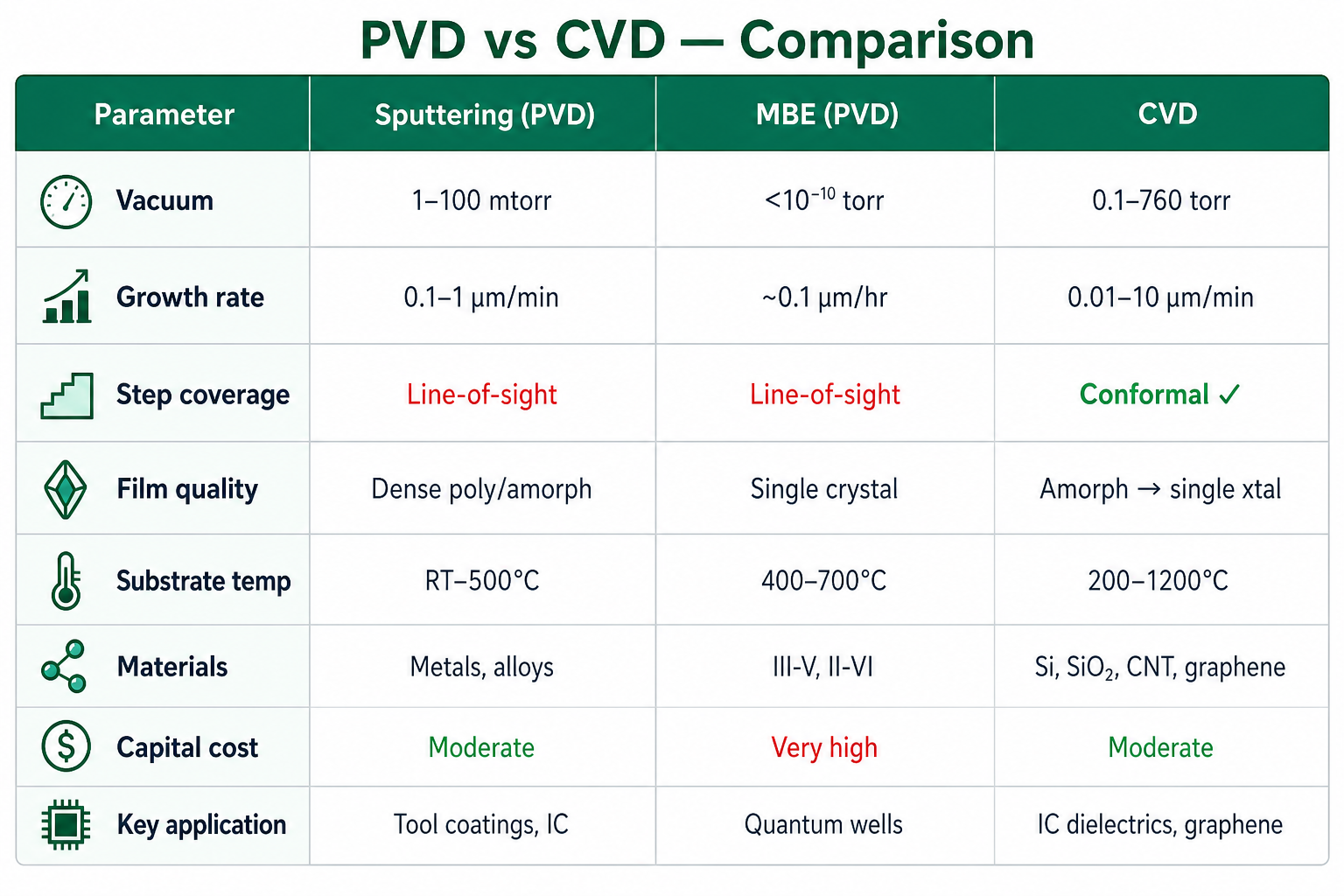 Comparison table of Sputtering, MBE, and CVD covering vacuum, growth rate, step coverage, film quality, substrate temperature, materials, capital cost, and key applications