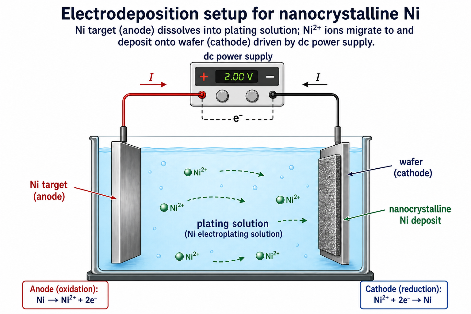 Schematic of nanocrystalline nickel electrodeposition setup. A rectangular electrolytic cell contains Ni electroplating solution (shown in teal). The left electrode is a Ni target (anode); the right electrode is a silicon wafer (cathode). A dc power supply drives current I through an external circuit with electrons flowing from anode to cathode. Ni²⁺ ions are shown circulating in the solution toward each electrode. Half-reactions are labelled: Anode: Ni → Ni²⁺ + 2e⁻; Cathode: Ni²⁺ + 2e⁻ → Ni.