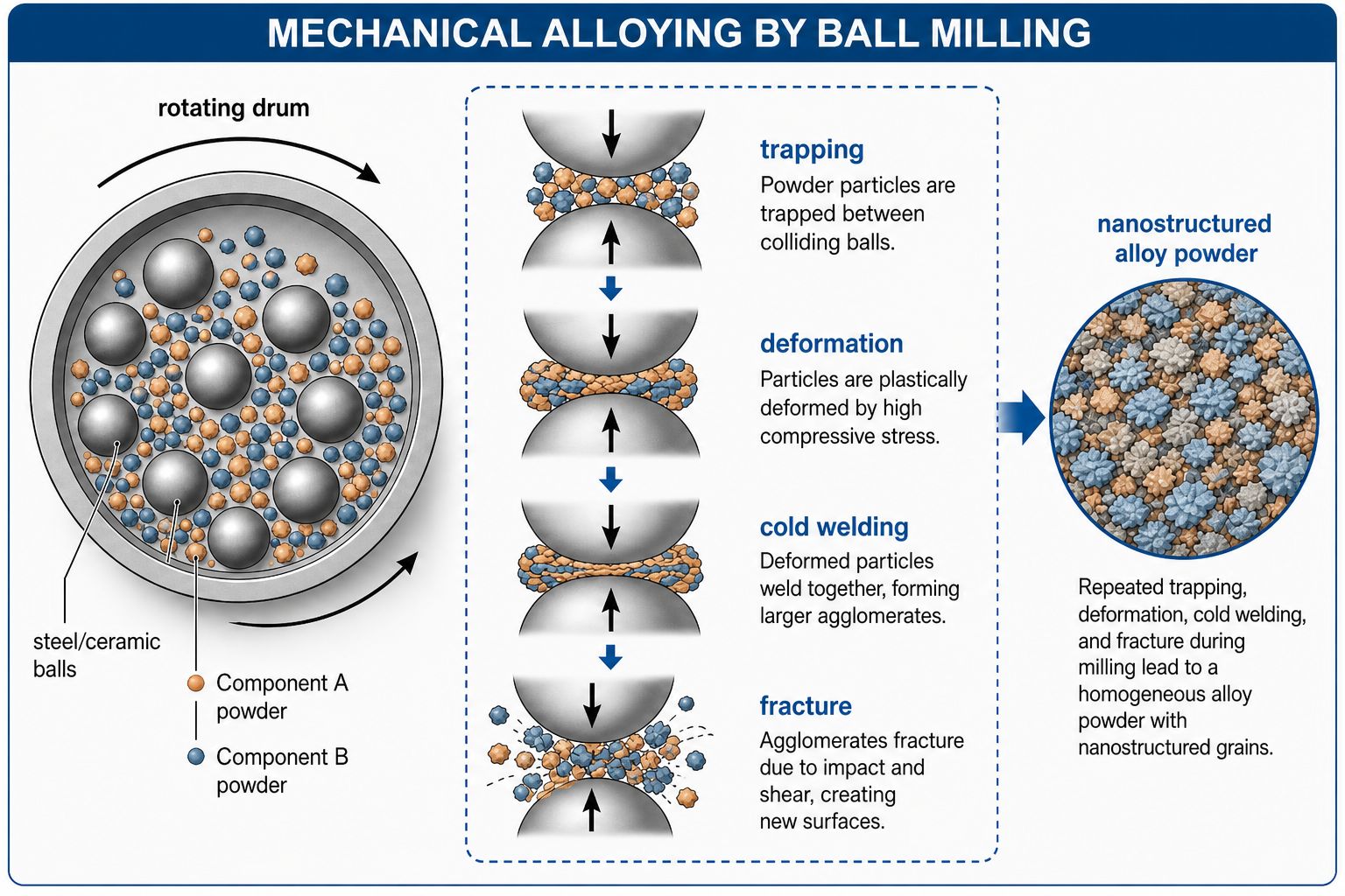 Two-panel schematic of mechanical alloying by ball milling. Left panel: cross-section of a rotating cylindrical drum containing Component A powder, Component B powder, and steel or ceramic balls of various sizes; the drum rotation drives ball impacts. Right panel: close-up showing two large steel or ceramic balls trapping a powder particle between them; repeated extreme deformation and cold welding flatten and mix the powder plastically — labelled 'Deformed plastically'. Text: 'Repeated extreme deformation and cold welding'.
