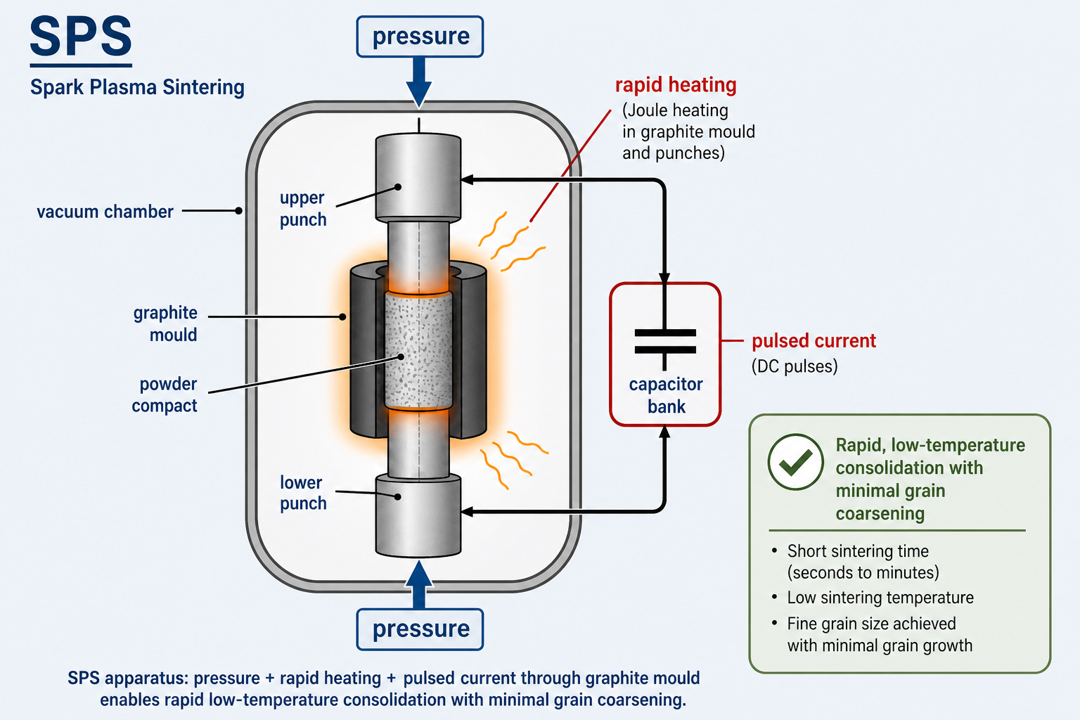 Schematic of Spark Plasma Sintering (SPS) apparatus. A vertical press applies load through an upper punch and lower punch onto powder held in a graphite mould inside a vacuum chamber. A capacitor bank is connected externally to the press assembly; pulsed direct current flows through the graphite die and powder compact. Labels: Upper punch, Vacuum chamber, Graphite mould, Powder, Lower punch, Capacitor bank. Right side annotation: 'High sintering speed and low sintering temperature = small grain size is achieved using SPS'.