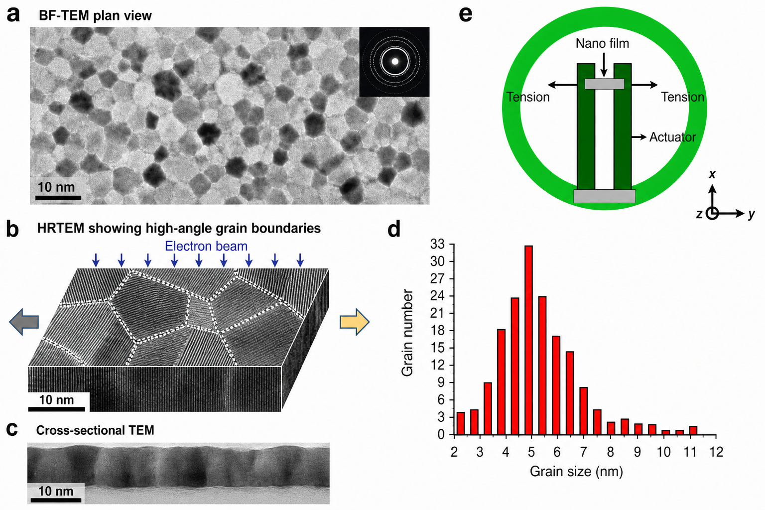 Five-panel figure of a nanocrystalline platinum thin film (from Nature Communications 5, Article 4402). (a) Bright-field TEM plan-view image showing equiaxed nanocrystalline grains 2–12 nm in diameter; inset shows a ring SAD pattern confirming random orientation; scale bar 10 nm. (b) HRTEM 3D perspective showing lattice fringes of individual grains separated by high-angle grain boundaries; electron beam direction indicated by blue arrows. (c) Cross-sectional TEM showing the thin film morphology. (d) Statistical grain size distribution histogram with grain diameter on x-axis (2–12 nm) and grain count on y-axis (peak ~30 grains at ~5 nm). (e) Schematic of the in situ tensile testing device — a circular green piezoelectric actuator ring connected to a nano film specimen in the centre, with tension applied horizontally; coordinate axes x, y, z labelled.