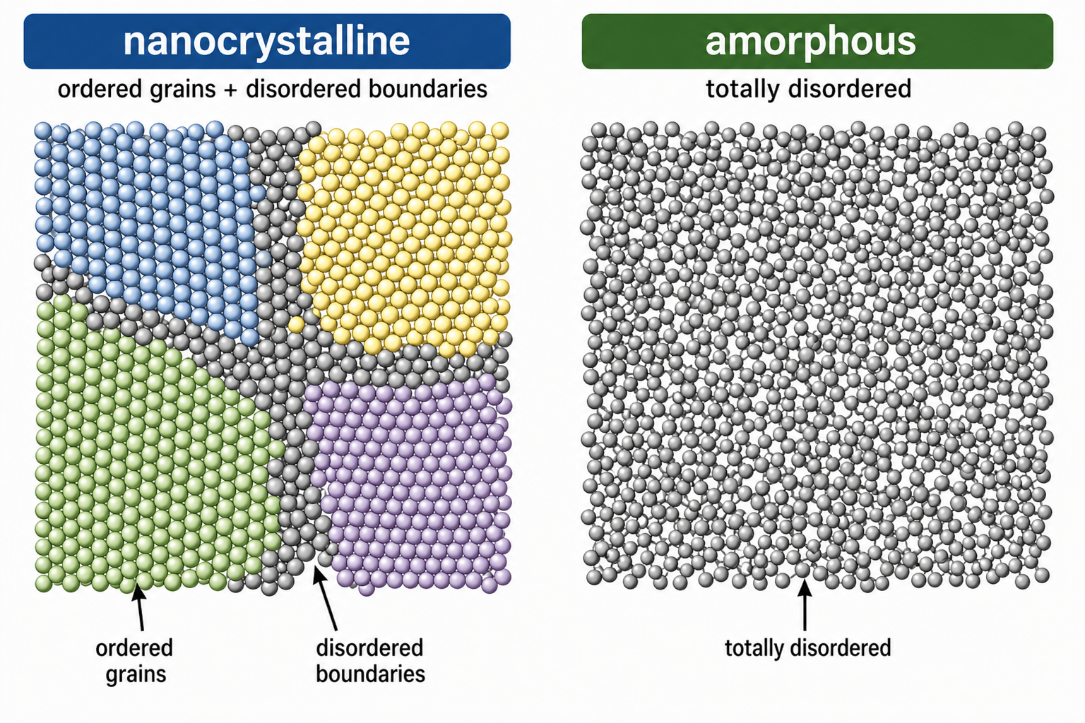 Two atomic-scale schematic diagrams comparing structural disorder. Left: a nanocrystalline material showing two grains of close-packed atoms separated by a clearly disordered grain boundary region (labelled 'Disordered at boundary'); within each grain atoms are ordered but the boundary layer is irregular. Right: an amorphous material showing 'Total disorder' — the same atoms arranged with no regular pattern throughout the entire volume, with no discernible grain or boundary structure.