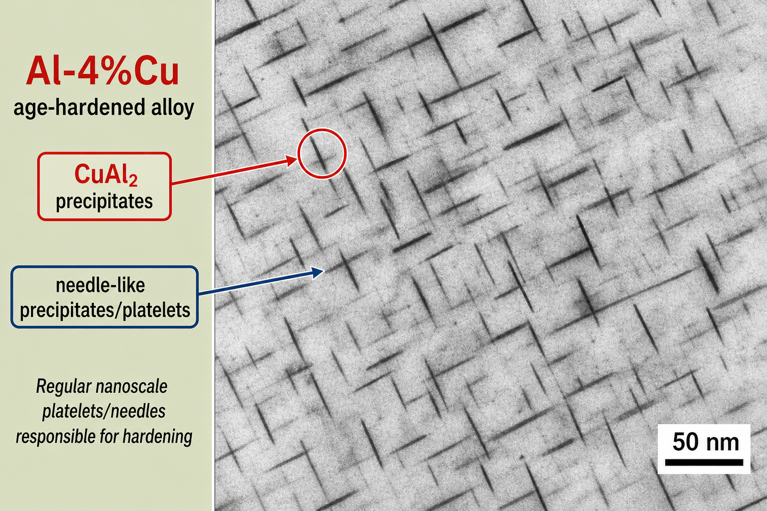 TEM micrograph of an Al-4%Cu alloy in the age-hardened condition. The image shows a regular array of needle-like CuAl2 precipitate plates oriented along {100} crystallographic planes of the aluminium matrix, appearing as dark contrast elongated features against a lighter background. Scale bar 50 nm. Label 'CuAl2' on the left identifies the precipitate phase.