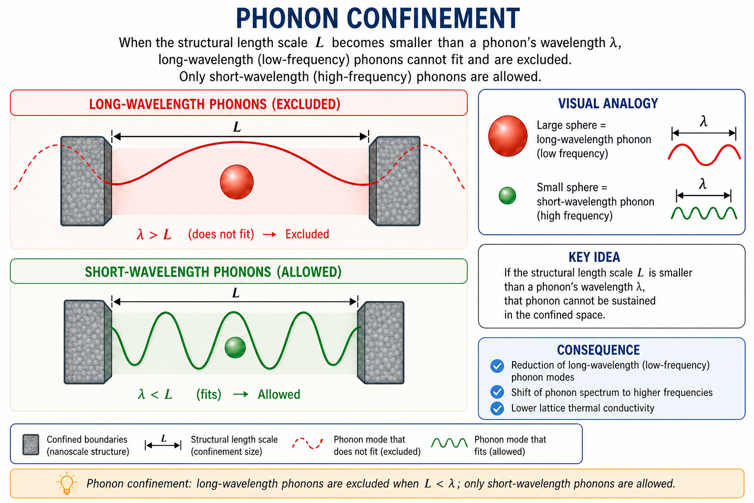 Photograph used as a visual analogy for phonon size distribution in a nanostructure. A polydisperse collection of spheres of many sizes — large orange, green, and red spheres mixed with a dense background of tiny spheres — rests on a surface. The distribution of sphere sizes analogises the distribution of phonon wavelengths: in a nanomaterial the large-wavelength (large-sphere) modes are cut off by the finite system size, while smaller modes survive.