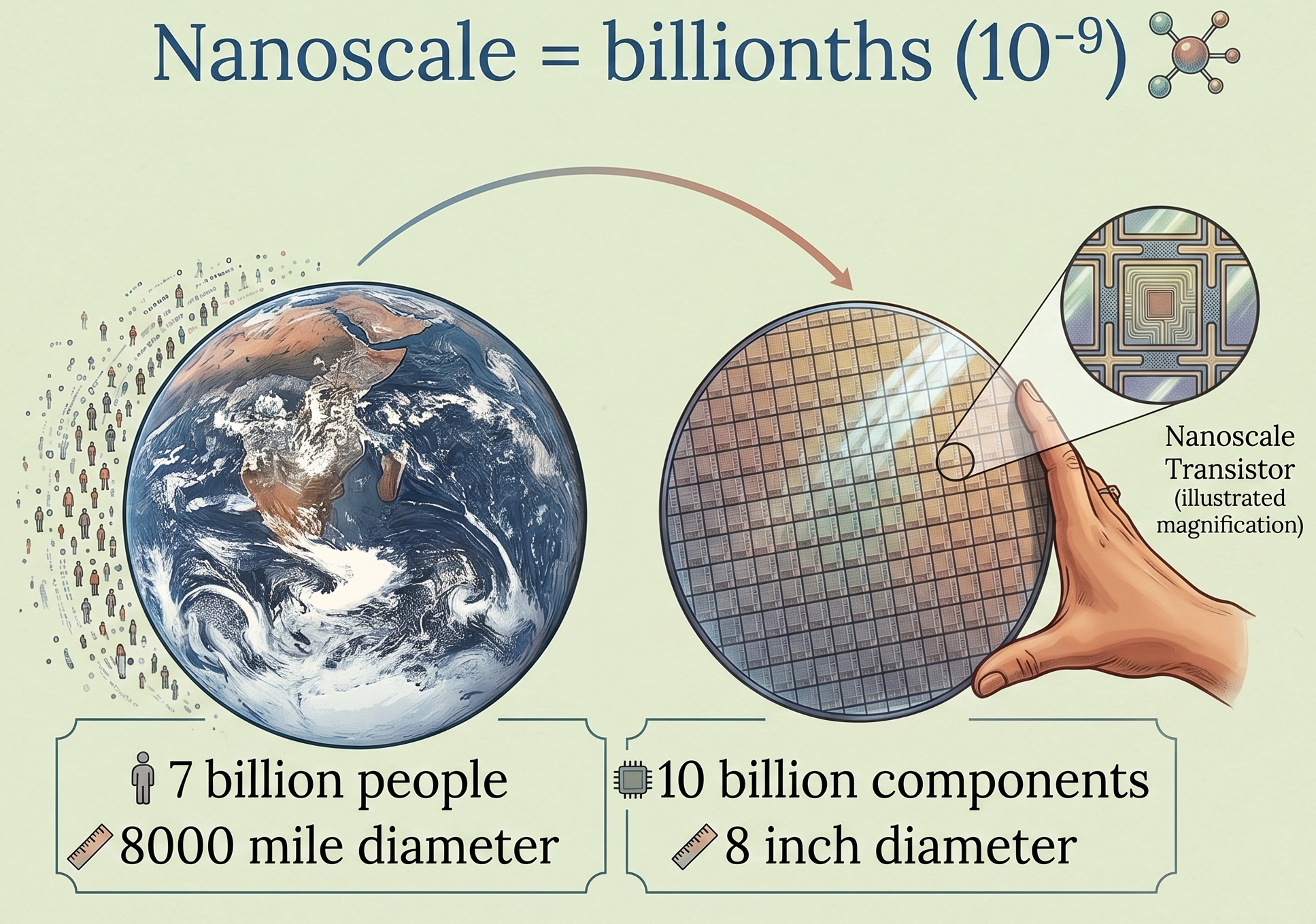 Nanoscale comparison — Earth vs silicon wafer