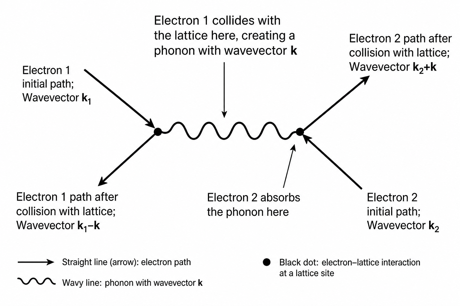 Feynman-style diagram of electron–phonon scattering. Electron 1 (wavevector k₁) and Electron 2 (wavevector k₂) approach the same lattice site from different directions. Electron 1 collides with the lattice and emits a phonon of wavevector k (shown as a wavy line). Electron 2 absorbs the phonon. After the interaction Electron 1 has wavevector k₁−k and Electron 2 has wavevector k₂+k. Arrows and labels annotate each trajectory.