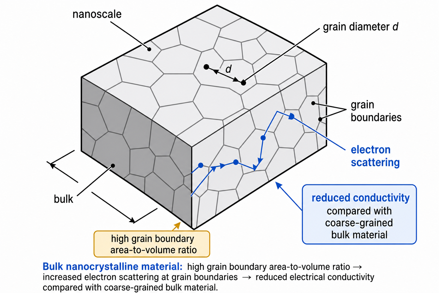 Isometric schematic of a rectangular block labelled at the top face 'Nanoscale' with grain diameter d marked, and on the lower grey face 'Bulk'. The block's interior shows a Voronoi-type grain structure with irregular polygonal grains separated by grain boundaries (lines). The contrast between the densely grained nanoscale surface and the label 'Bulk' illustrates the high grain boundary area-to-volume ratio of nanocrystalline materials.