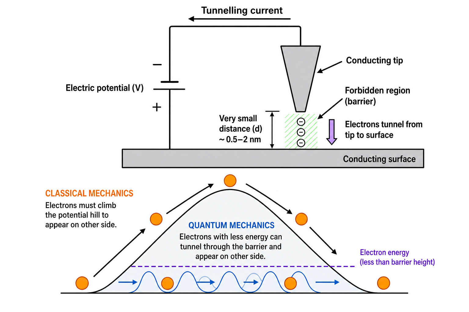 Two diagrams on a white background. Top: STM geometry schematic. A conducting tip (inverted triangle) is suspended above a flat conducting surface. A battery provides an electric potential (V) with negative terminal at top and positive at bottom. A 'Forbidden region' label marks the narrow gap between tip and surface; 'Very small distance (d)' annotates the gap width; a downward purple arrow labelled 'Electrons tunnel from tip to surface' shows the tunnelling direction; 'Tunnel current' is indicated by an arrow along the circuit loop. Bottom: barrier diagram contrasting classical and quantum mechanics. A Gaussian-shaped potential hill occupies the centre. Orange spheres (electrons) above the hill are labelled 'Classical Mechanics, Electrons must climb the potential hill to appear on other side.' Orange spheres below and passing through the barrier base are labelled 'Quantum Mechanics allows electron with less energy to tunnel thru the barrier and appear on other side.' Arrows indicate the tunnelling trajectory under the barrier.