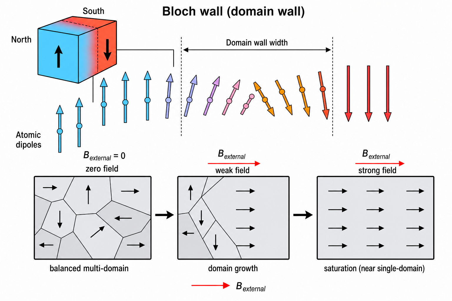 Full-slide composite diagram illustrating domain walls. Top section: a 3-D block magnet with North and South poles labelled. From the domain wall at the pole boundary, a series of atomic dipoles (arrows) fans out, progressively rotating from downward (blue, South pole) to upward (red, North pole) through a sequence of intermediate orientations labelled 'Domain Wall Width'. Each dipole is drawn as a coloured capsule: blue/teal near South, purple in the middle, orange/red near North. 'Atomic Dipole' is labelled for the most extreme blue dipoles. Bottom section: three side-by-side rectangular domain configurations showing the effect of increasing applied field. Left: B_external = 0 — two diamond-shaped domains with arrows pointing in all four directions, no net moment. Centre: B_external (rightward arrow) — domains rearrange slightly, the rightward domain grows. Right: strong B_external — almost all flux is directed rightward, with only a small residual opposing domain. Labels read 'No external field', 'Weak applied field', 'Strong applied field'.