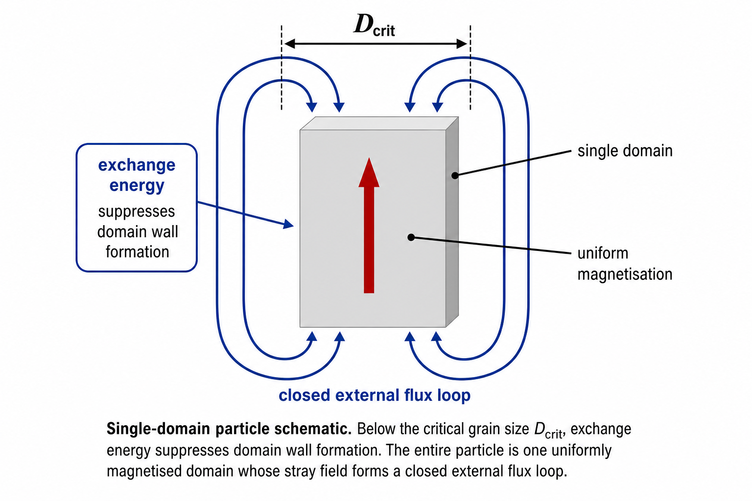 Schematic of a single-domain magnetic particle. A rectangular grey magnet block is enclosed in a dashed vertical loop representing the closed external flux path. The top of the loop is labelled N N N N and the bottom S S S S, indicating that the entire particle has a uniform single magnetisation direction (upward red arrow inside the block). The closed loop represents the stray field of the single-domain particle.