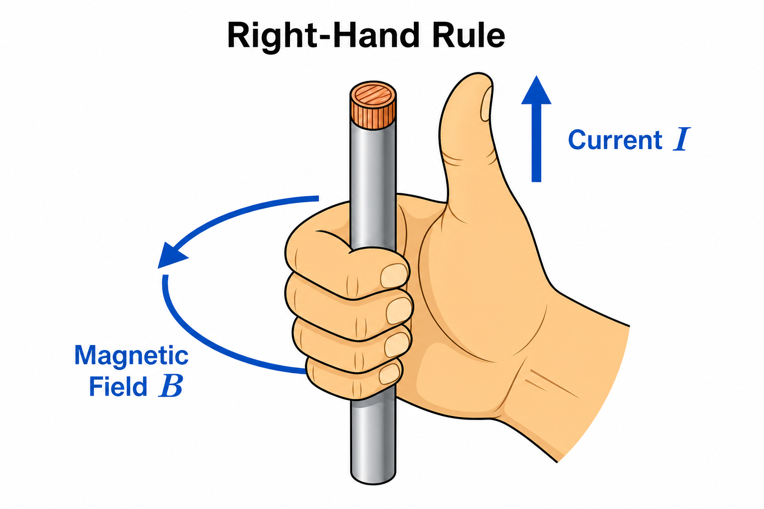 Right-hand rule illustration. A hand grips a cylindrical current-carrying wire with the thumb pointing upward in the direction of current flow. The curled fingers indicate the direction of the encircling magnetic field. Labels read: 'Right Hand Rule', 'Thumb Points in Direction of Current Flow', 'Fingers Point in Direction of Magnetic Field', 'Current-Carrying Wire'.