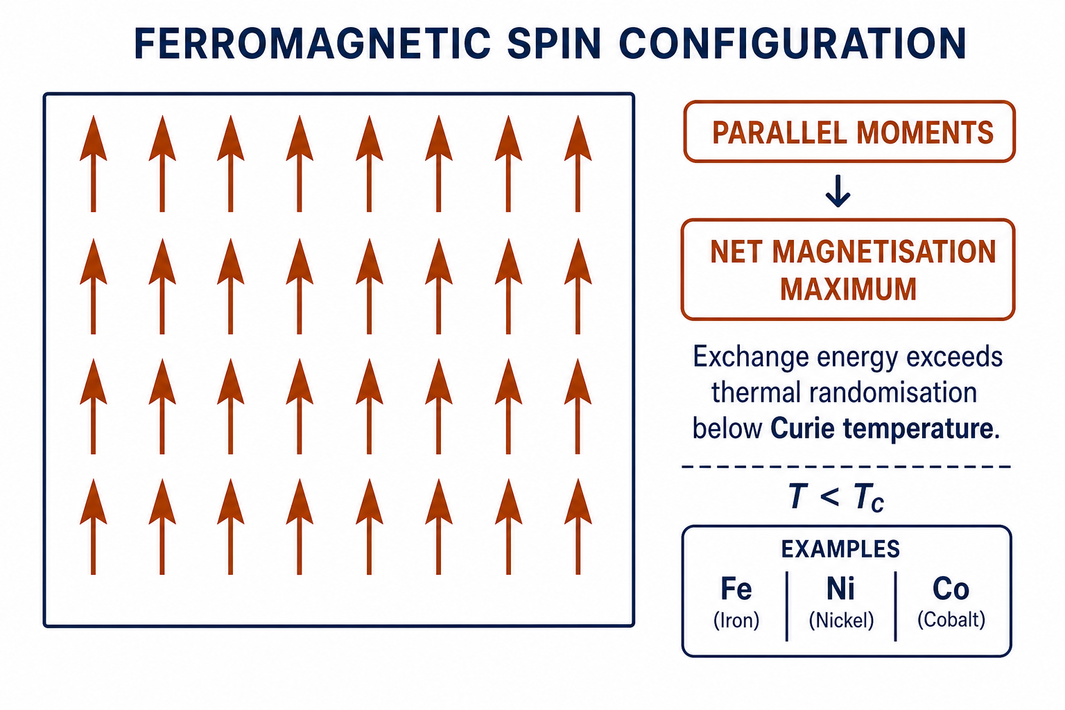 Schematic lattice of arrows all pointing uniformly upward, representing a ferromagnetic spin configuration with all magnetic moments aligned in parallel. The uniform alignment gives the maximum possible net magnetisation.