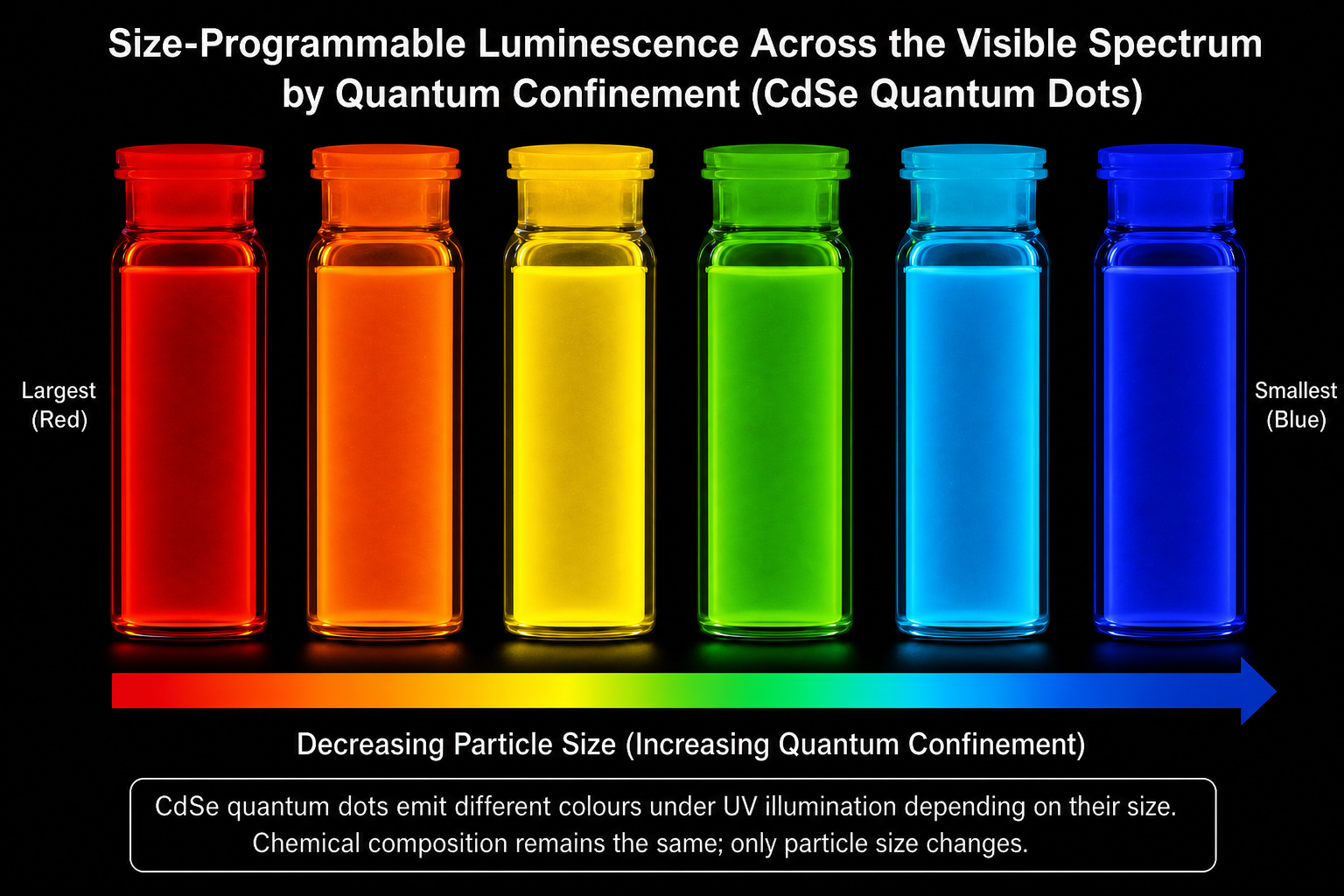 Photograph of six vials of CdSe quantum dot solutions under UV illumination. The vials glow with distinct colours from left to right: deep red, orange-red, yellow, bright green, cyan-blue, and deep blue. Each colour corresponds to a different nanocrystal size — from largest (red) to smallest (blue) — illustrating continuous, size-programmable luminescence across the visible spectrum.