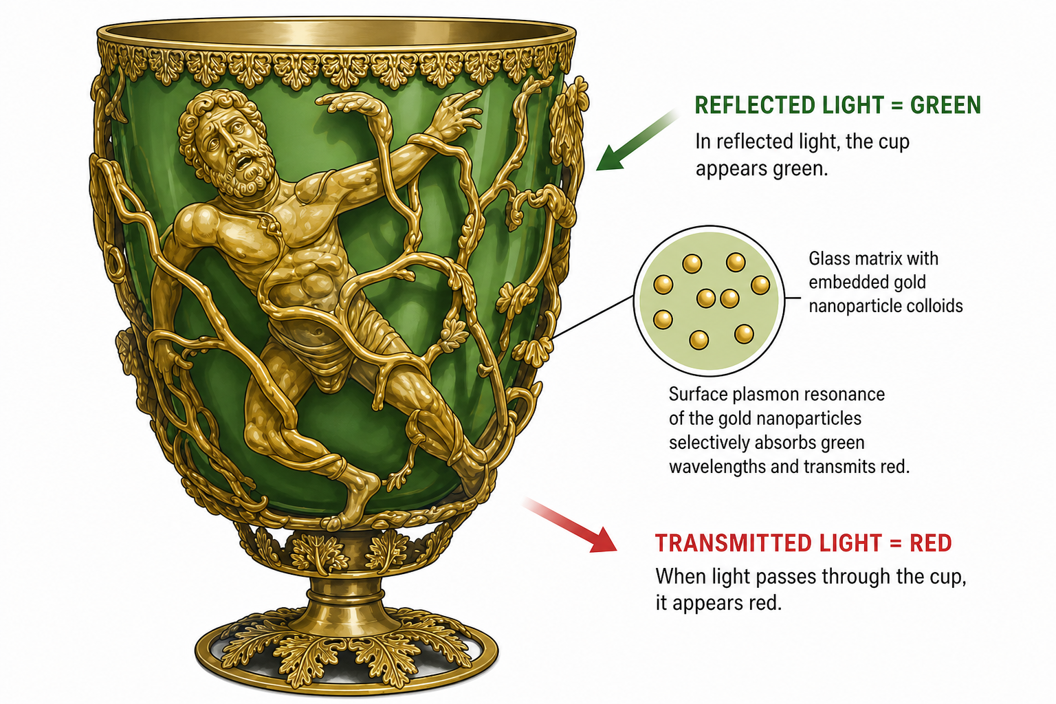 Photograph of the Lycurgus Cup: a late-Roman cage cup carved from thick dark green dichroic glass. The cup sits on a gold-coloured metal stand and foot. The surface is heavily carved with relief figures of Lycurgus — a bearded man — entangled with vine branches and several other figures in combat. The glass appears green because this image shows reflected light.