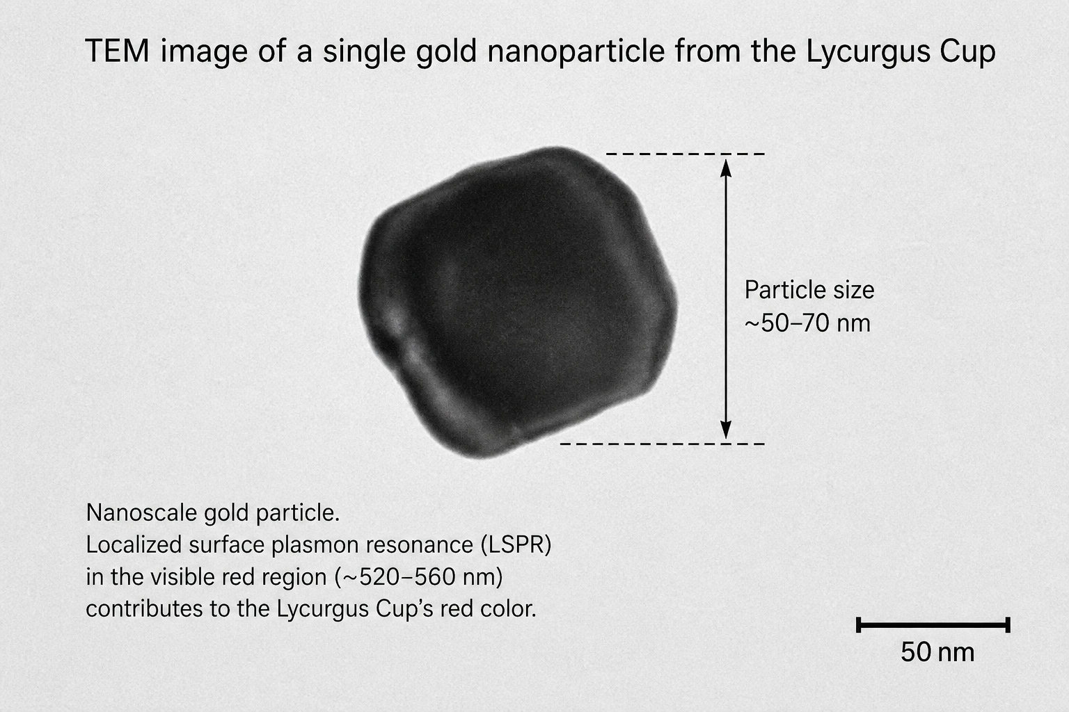 Transmission electron microscope (TEM) image of a single gold nanoparticle extracted from the Lycurgus Cup. The particle appears as a roughly octagonal dark shape on a light beige background, with a scale bar of 50 nm indicating the particle is approximately 50–70 nm in diameter.