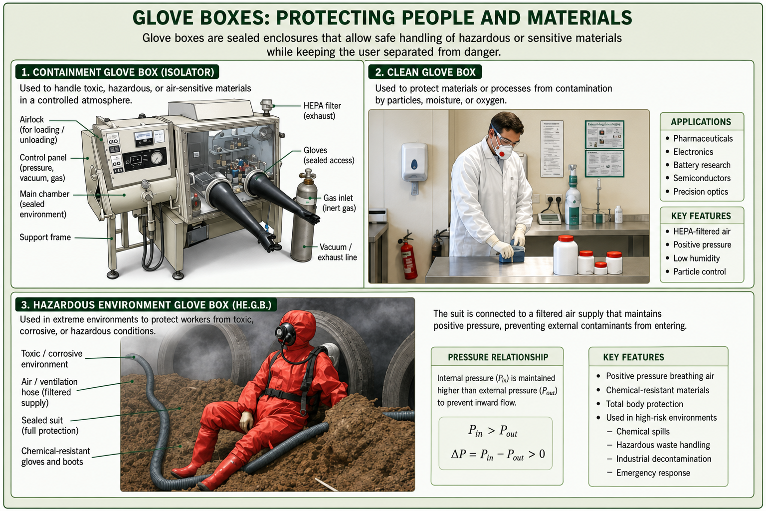 Three photographs illustrating nanomaterial safety controls. Top left: a glove box — a sealed enclosure with built-in gloves for handling hazardous materials without direct contact; various gauges and gas cylinders are visible. Top right: a researcher in full personal protective equipment — white lab coat, respirator mask, safety goggles, and gloves — working at a laboratory bench with chemical containers. Bottom left: a worker in a red full-body hazardous-material suit with breathing apparatus working near large pipes in a smoky outdoor environment, representing field-scale hazardous particulate control.