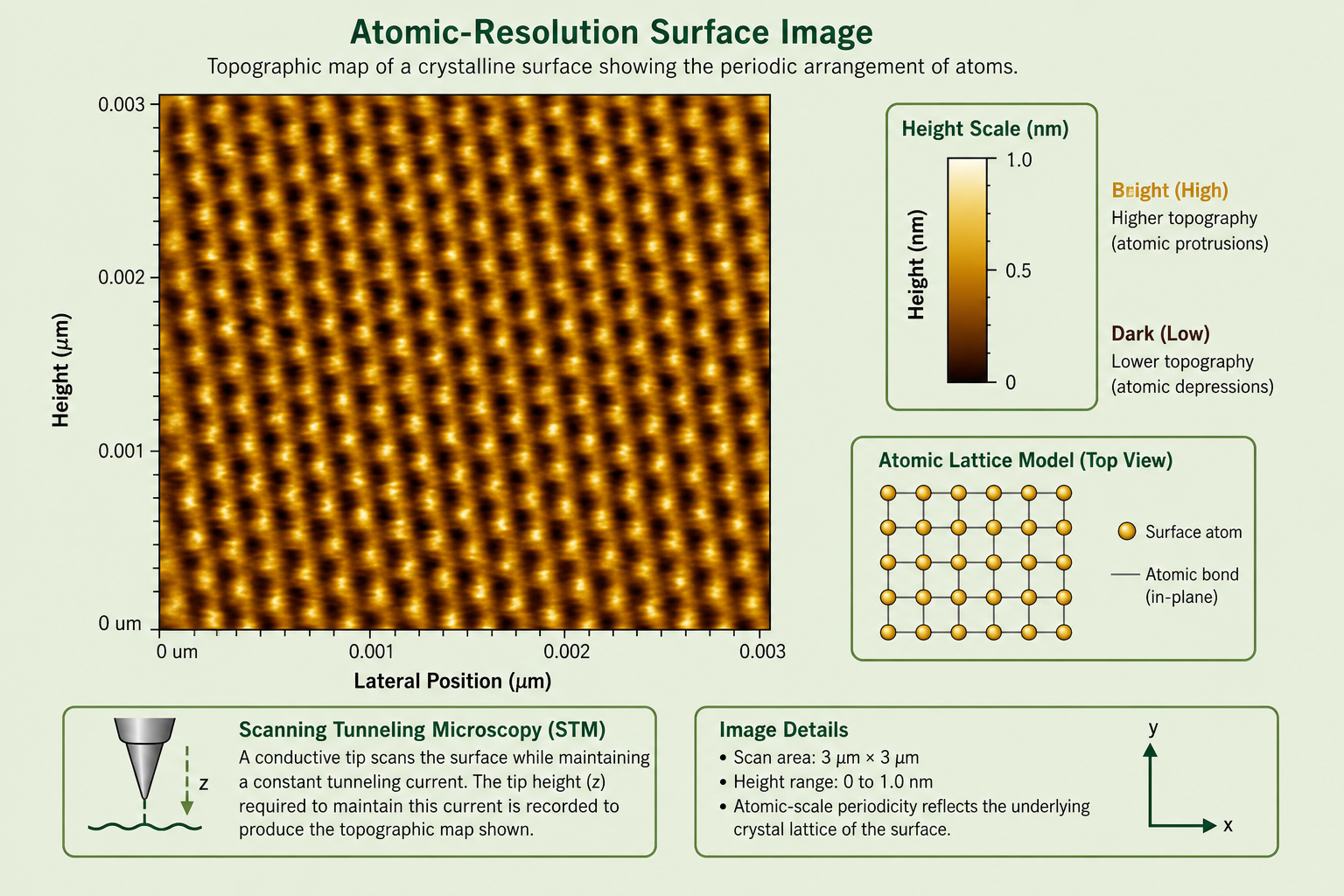 STM image of HOPG in constant-height mode, showing the hexagonal carbon lattice with atomic periodicity of approximately 0.25 nm, scan area 3×3 nm