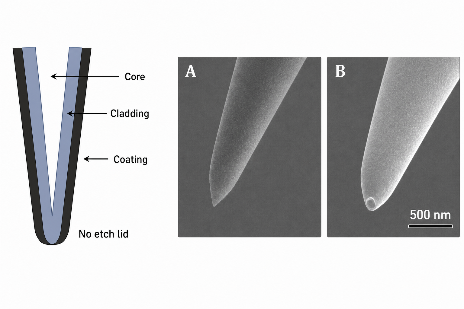 Left: schematic cross-section of NSOM fiber tip showing core, cladding, and metallic coating layers with the near-field aperture at the apex. Centre (A) and right (B): SEM images of actual fiber tips showing the tapered taper geometry; scale bar 500 nm in image B