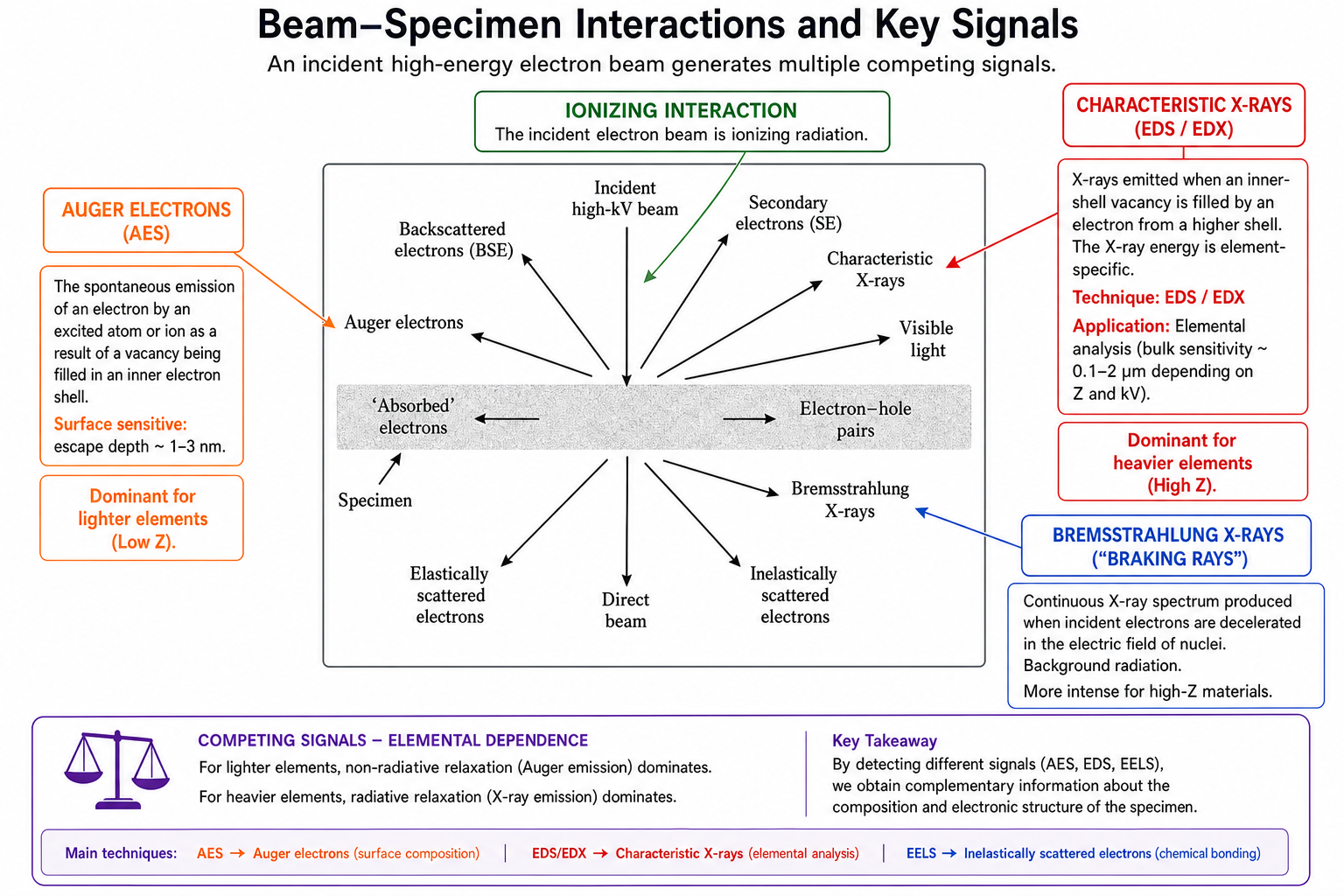 Annotated beam–specimen interaction diagram on green background. Left-side annotations in red identify the Auger process as spontaneous emission of an electron by an excited ion when a vacancy is filled in an inner electron shell. Top-right annotation states electrons are ionizing radiation. Bottom annotation states Bremsstrahlung are breaking rays occurring with very large and heavy nuclei materials (U and Th).
