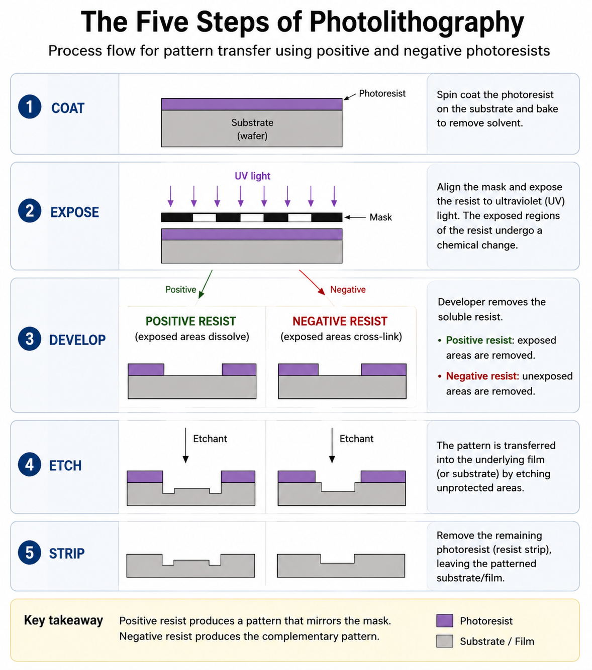 Sequential process flow diagram for photolithography. Five steps labelled on the right: Coat, Expose, Develop, Etch, Strip. Step 1 (Coat): cross-section shows a resist layer (dark) on top of a base substrate. Step 2 (Expose): arrows indicate UV light exposure through a mask aligned over the resist. Step 3 (Develop): the diagram forks into Positive and Negative branches showing different resist dissolution patterns. Step 4 (Etch): the substrate is etched under the open resist windows. Step 5 (Strip): remaining resist is removed to reveal the patterned substrate.