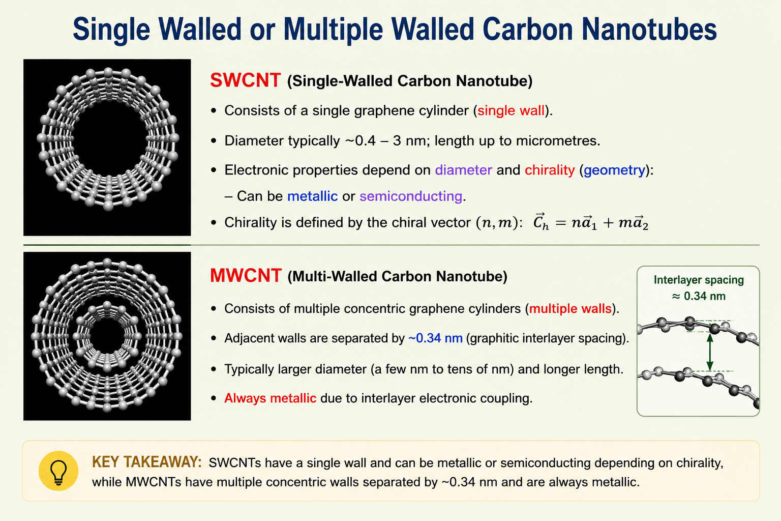 Two ball-and-stick end-on views on black backgrounds. Top: a SWCNT shown as a single ring of white atoms forming a hollow cylinder — the single graphene wall is clearly visible. Bottom: a MWCNT shown as two concentric rings of atoms, the outer wall larger than the inner, illustrating the nested cylindrical structure.