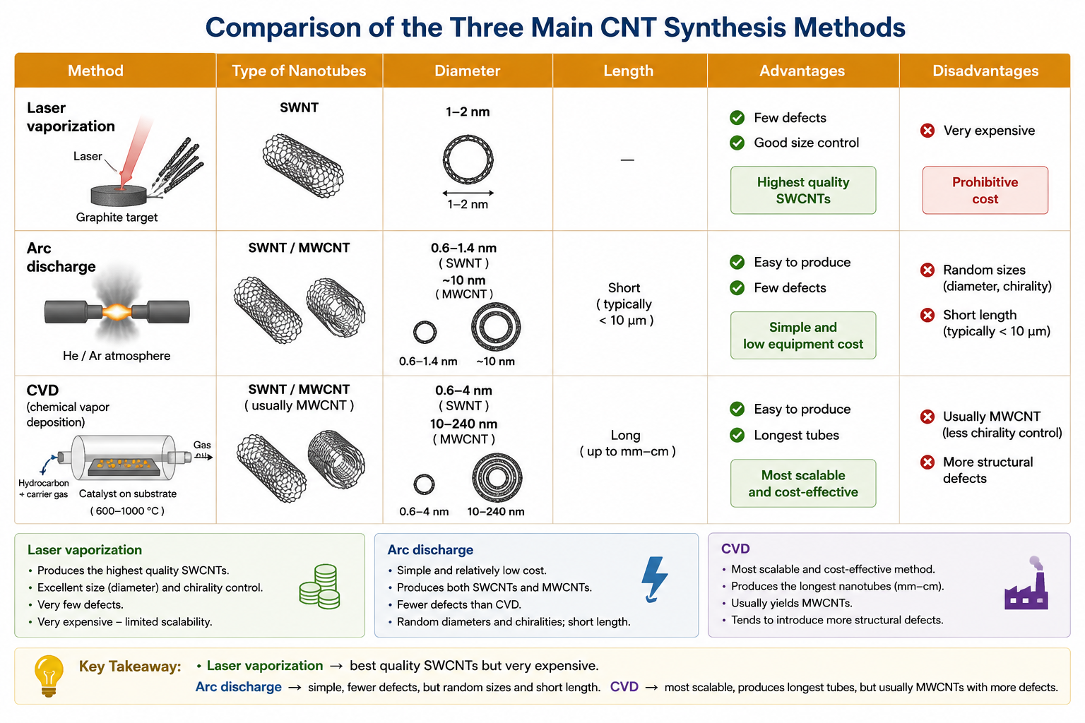 Table titled Techniques to Synthesize CNTs with six columns: Method, Type of Nanotubes, Diameter, Length, Advantages, Disadvantages. Row 1: Laser vaporization, SWNT, 1-2 nm, dash, Few defects/good size control, Very expensive. Row 2: Arc discharge, SWNT/MWNT, 0.6-1.4 nm / 10 nm, Short, Easy to produce/few defects, Random sizes/short length. Row 3: CVD, SWNT/MWNT, 0.6-4 nm / 10-240 nm, Long, Easy to produce, Usually MWNT/defects.