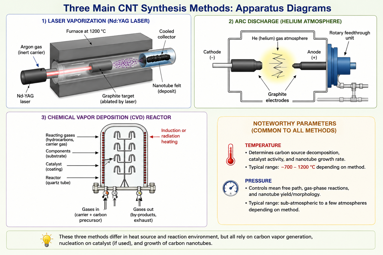 Three synthesis apparatus diagrams. Top-left: laser vaporisation — a cylindrical furnace at 1200 °C with argon gas flow, graphite target in centre, Nd-YAG laser entering from left, nanotube felt collecting on the cooled collector at right. Top-right: arc discharge — schematic cross-section showing cathode and anode with arc discharge between them in helium atmosphere inside a chamber with carbon nanotube product and rotary feedthrough unit. Bottom-centre: CVD reactor — vertical cylindrical reactor with induction/radiation heating coils around the outside, components on a rotating tree inside, reacting gases and coating fed in from below, gases entering and exiting at the base.