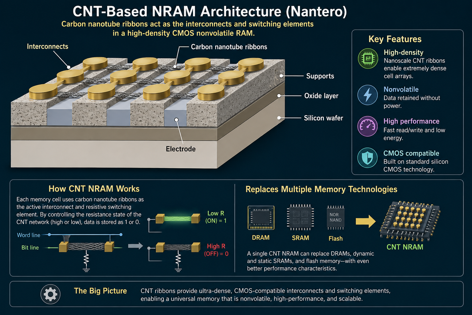 Schematic 3D diagram of a CNT-based NRAM memory chip from Nantero. The layered architecture shows a silicon wafer at the base, topped by an oxide layer, with gold/tan coloured supports and electrodes protruding upward, and parallel ribbons of carbon nanotubes (labelled carbon nanotube ribbons) lying across the top as the active interconnect layer. Labels identify interconnects, carbon nanotube ribbons, supports, oxide layer, silicon wafer, and electrode. Caption: Carbon nanotube interconnects are used in this universal memory from Nantero. The high-density CMOS nonvolatile RAM can replace DRAMs and flash memory with better performance.