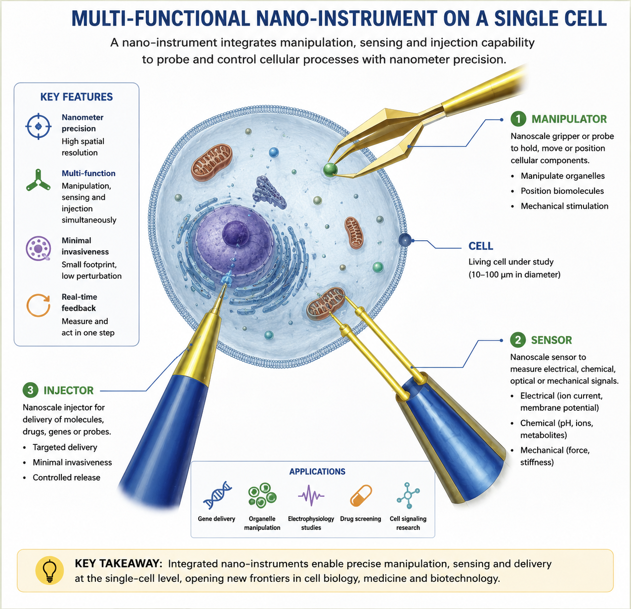 Schematic diagram of a nanoscale cell manipulation device showing a biological cell (circular, with internal organelles sketched) surrounded by three functional probes: a pointed Manipulator probe approaching from the upper right, a cylindrical Sensor probe extending to the right, and a conical Injector probe extending to the lower left. The components are colour-coded gold/yellow (manipulator), blue/green (injector), and grey (sensor), and all converge on the labelled CELL, illustrating the concept of multi-functional nano-instrumentation operating simultaneously on a single cell.