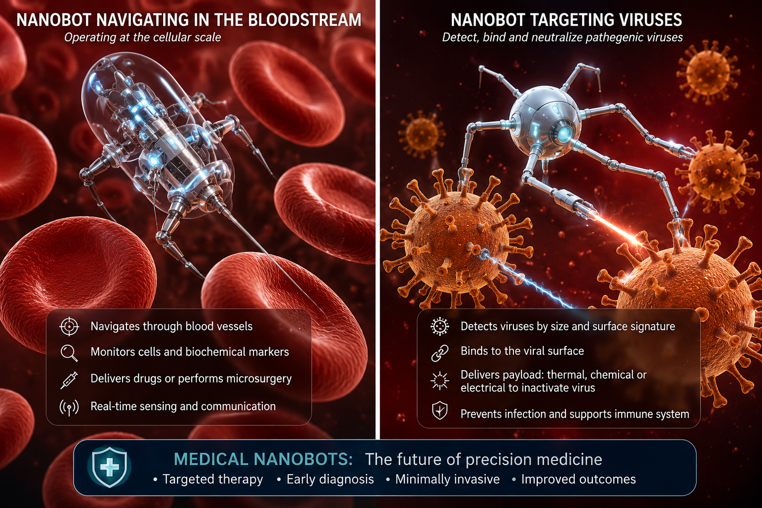 Two artistic renderings of medical nanobots. Left: a transparent mechanical nanobot (resembling a small beetle-shaped capsule with articulated limbs) navigating among red blood cells in a blood vessel — the nanobot is shown at roughly the same scale as the erythrocytes to convey the intended operational environment. Right: a metallic spider-like nanobot with six articulated arms firing laser-like beams at orange virus particles on a red background, illustrating the concept of targeted neutralisation of pathogens.