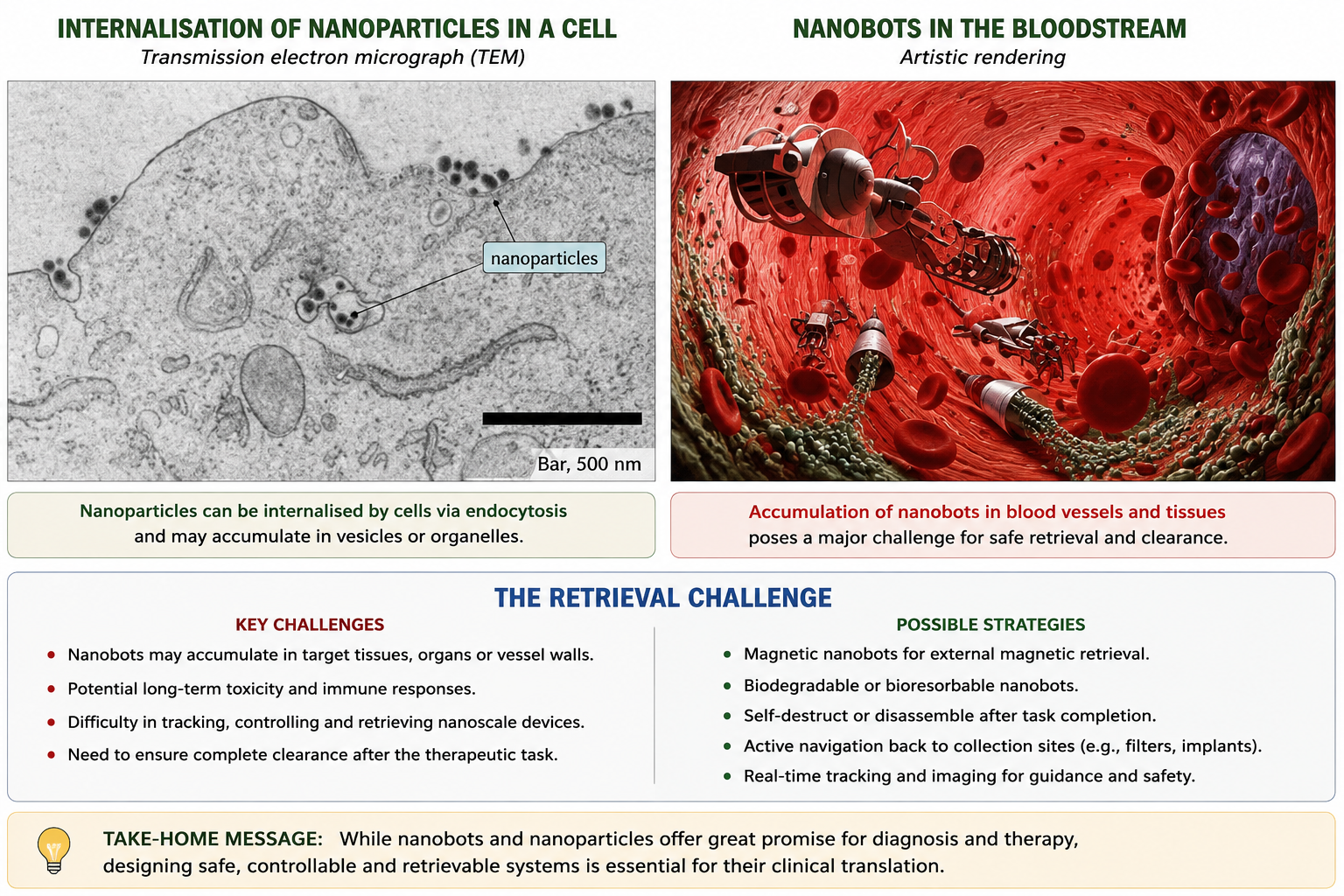 Two micrographs illustrating nanoparticle-cell interactions. Left: transmission electron micrograph (TEM) of a biological cell cross-section with a scale bar of 500 nm. Dark spherical nanoparticles are visible both inside the cell and associated with the cell membrane; a callout box labels them nanoparticles. Right: artistic rendering of nanobots clogging a blood vessel — several small mechanical devices are shown suspended among red blood cells inside a red tubular vessel interior, visualising the risk of system blockage if nanobots are not properly retrieved after use.