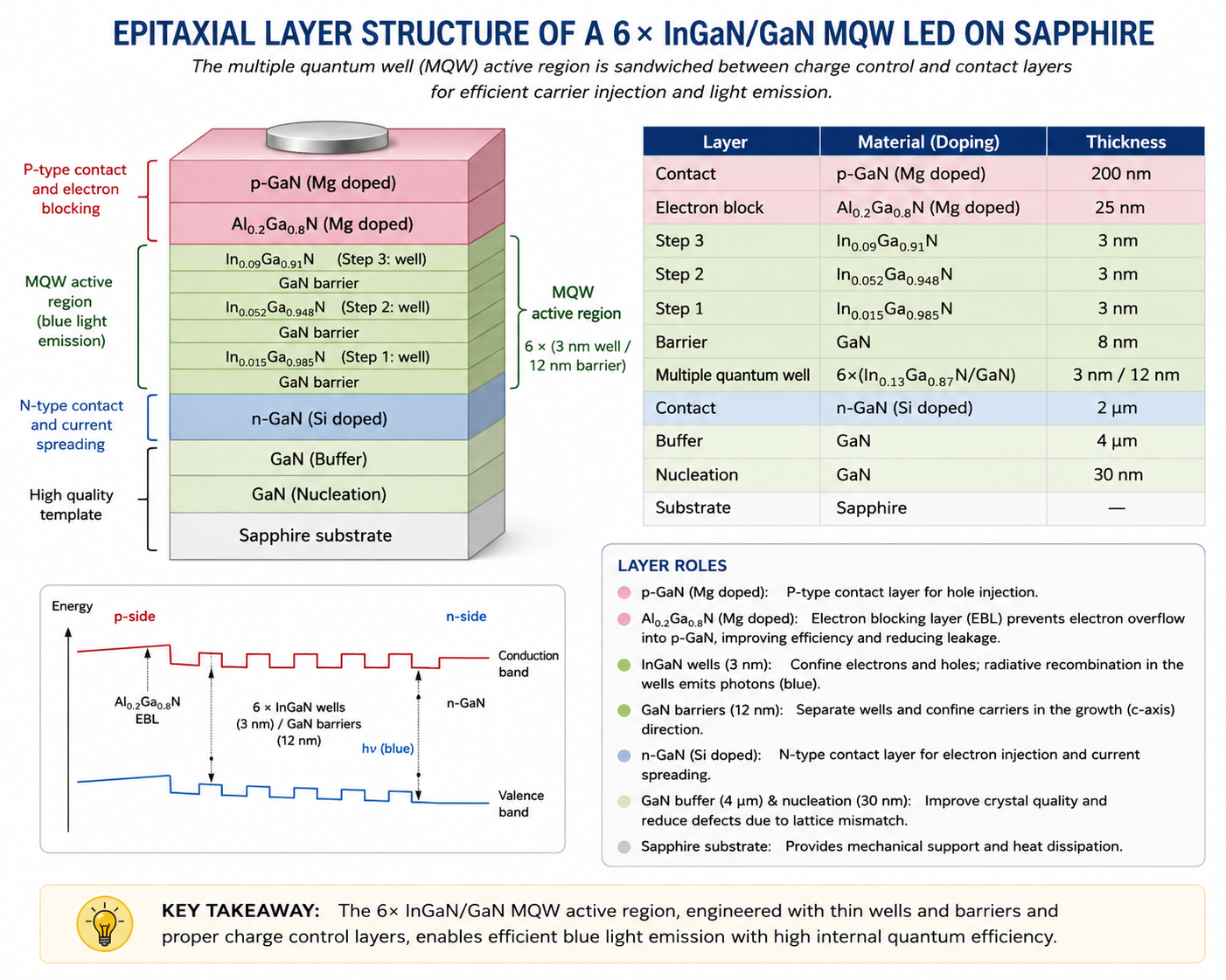Table listing the epitaxial layer structure of a multiple quantum well InGaN/GaN LED grown on sapphire. From p-side to n-side: Contact (p-GaN Mg doped, 200 nm), Electron block (Al0.2Ga0.8N Mg doped, 25 nm), Step 3 (In0.09Ga0.91N, 3 nm), Step 2 (In0.052Ga0.948N, 3 nm), Step 1 (In0.015Ga0.985N, 3 nm), Barrier (GaN, 8 nm), Multiple quantum well (6x In0.13Ga0.87N/GaN, 3 nm/12 nm), Contact (n-GaN Si doped, 2 um), Buffer (GaN, 4 um), Nucleation (GaN, 30 nm), Substrate (Sapphire). Colour-coded rows: pink for p-type layers, blue for n-type contact.