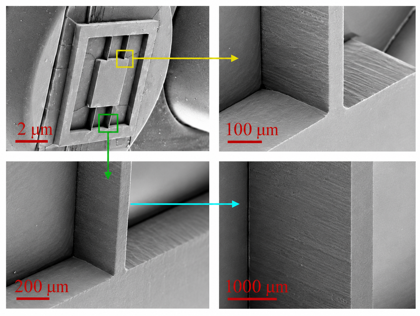 SEM multi-panel of micromachined trench cross-sections at 2 mm, 100 µm, 200 µm, and 100 µm scale bars showing aspect-ratio features