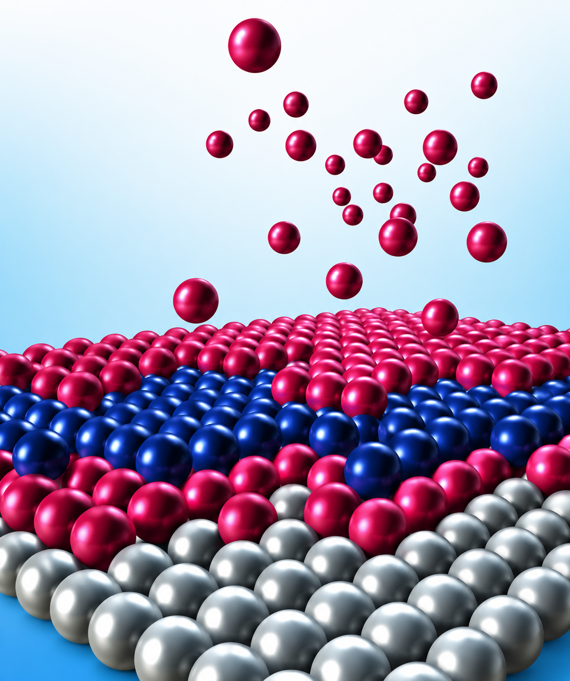 Atomic Layer Deposition (ALD) schematic — alternating monolayers of two materials depositing atom-by-atom on a substrate surface