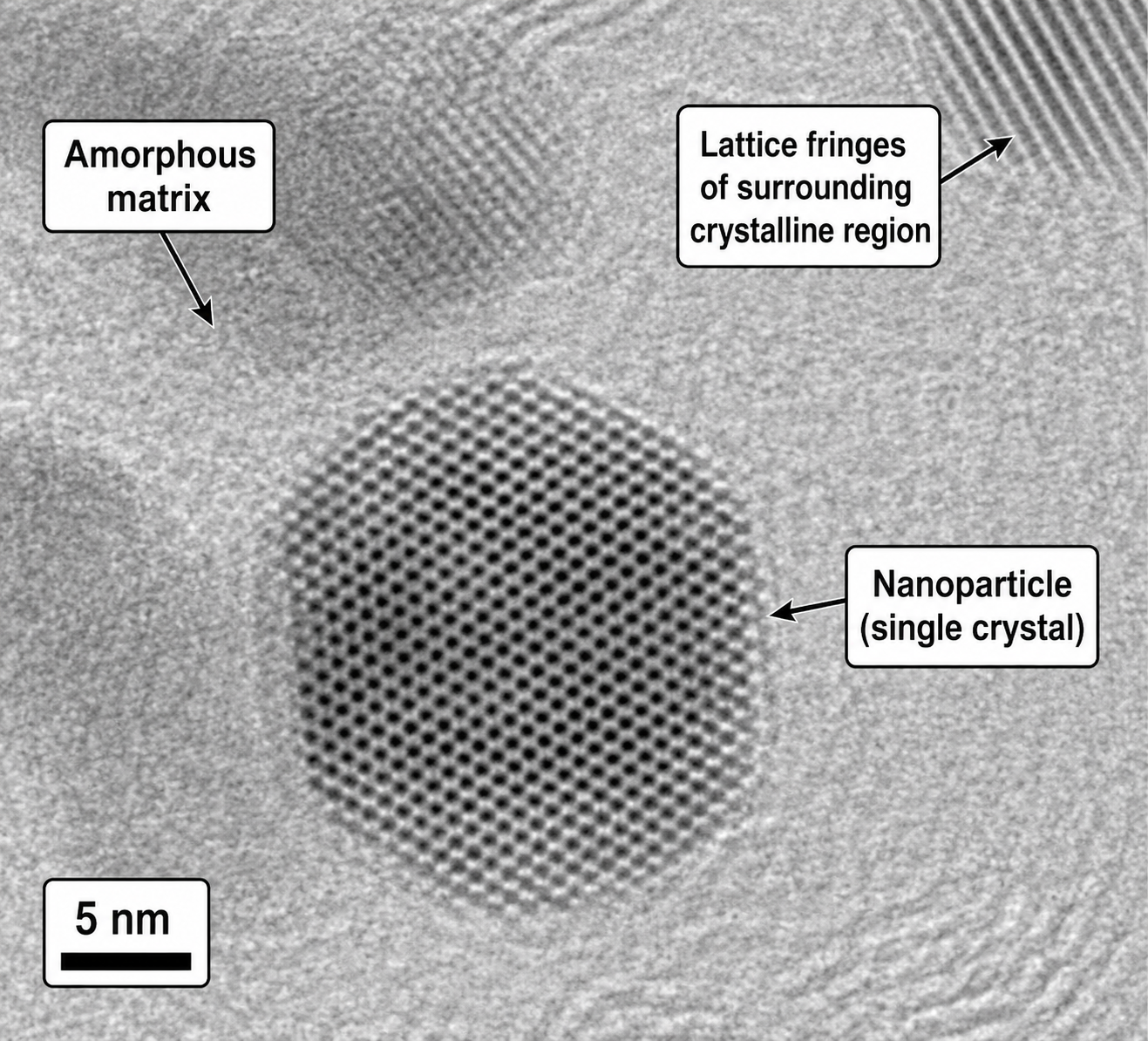 Bright-field STEM image of a platinum-alloy nanoparticle showing atomic lattice fringes — 0-D nanomaterial characterisation, scale bar 2 nm