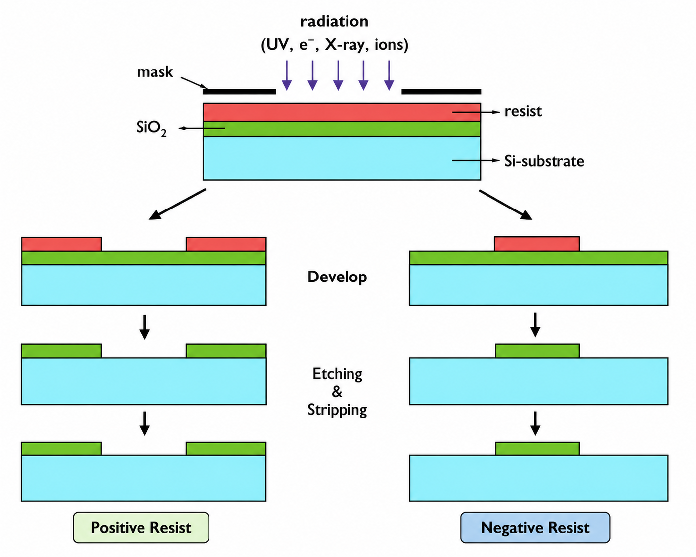 Positive vs. negative photoresist — side-by-side process comparison from radiation exposure through develop and etch to final pattern