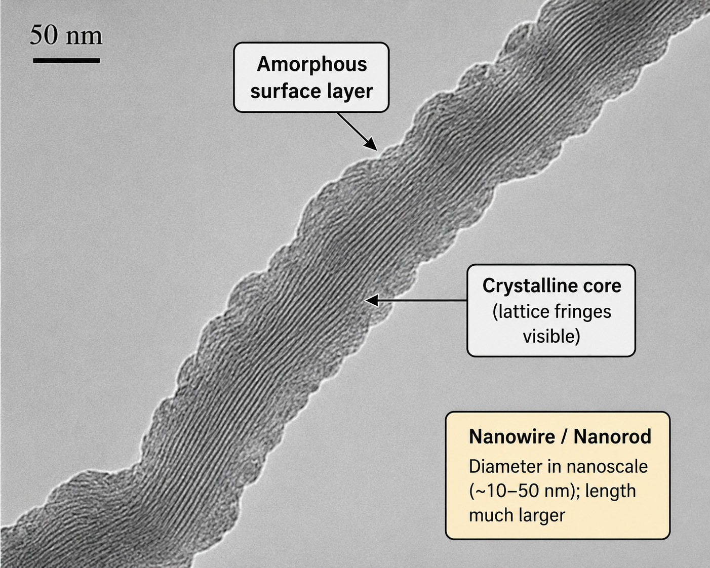 TEM image of a carbon nanorod — 1-D nanomaterial with 50 nm scale bar showing the elongated rod geometry