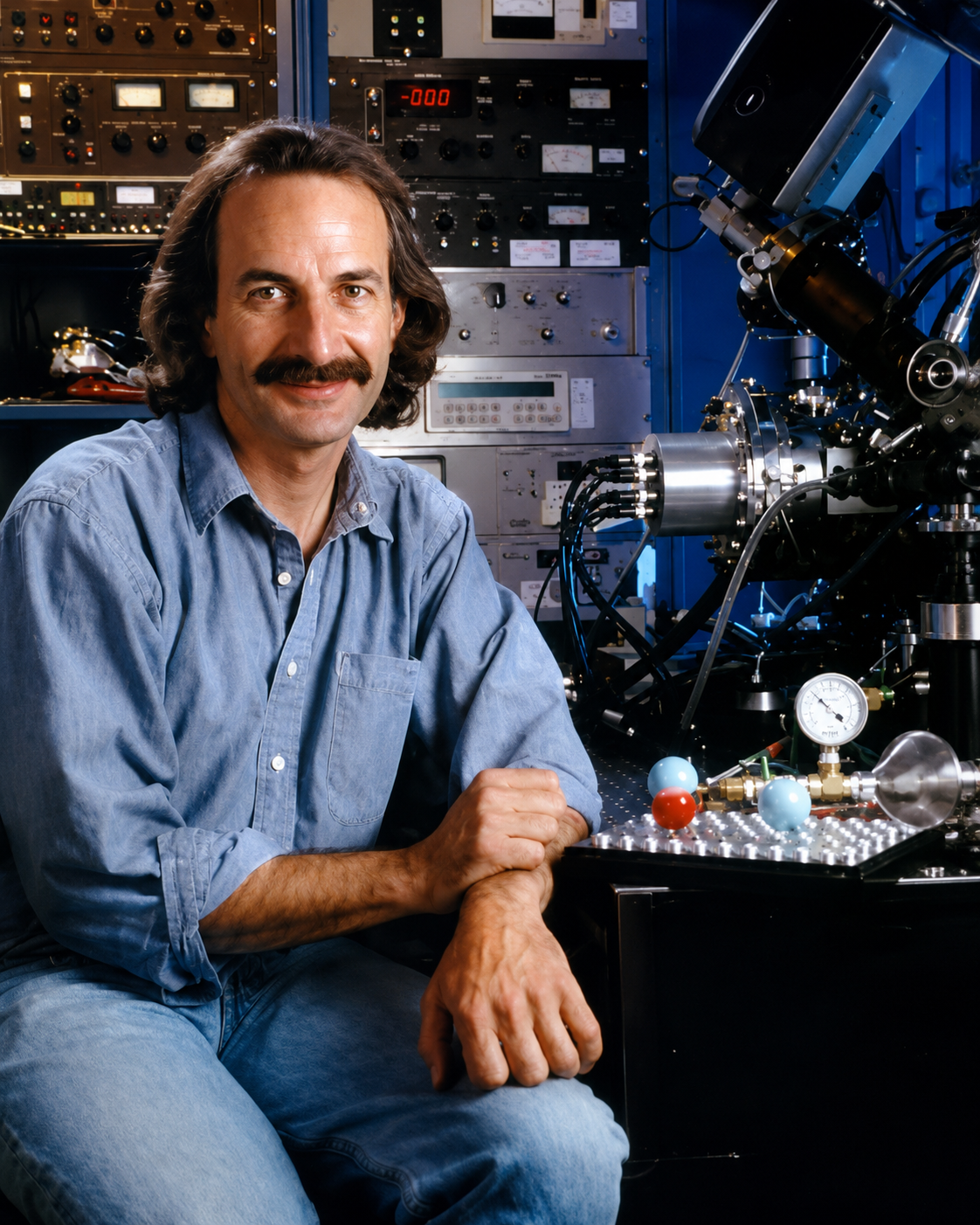 Donald Eigler, IBM physicist, seated in front of his scanning tunnelling microscope apparatus