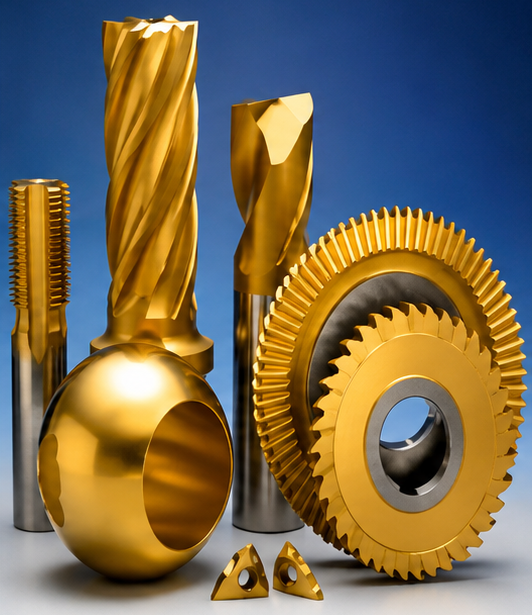 TiN-coated cutting tools — gold-coloured drills and gear demonstrating hard coating deposited by CVD/PVD