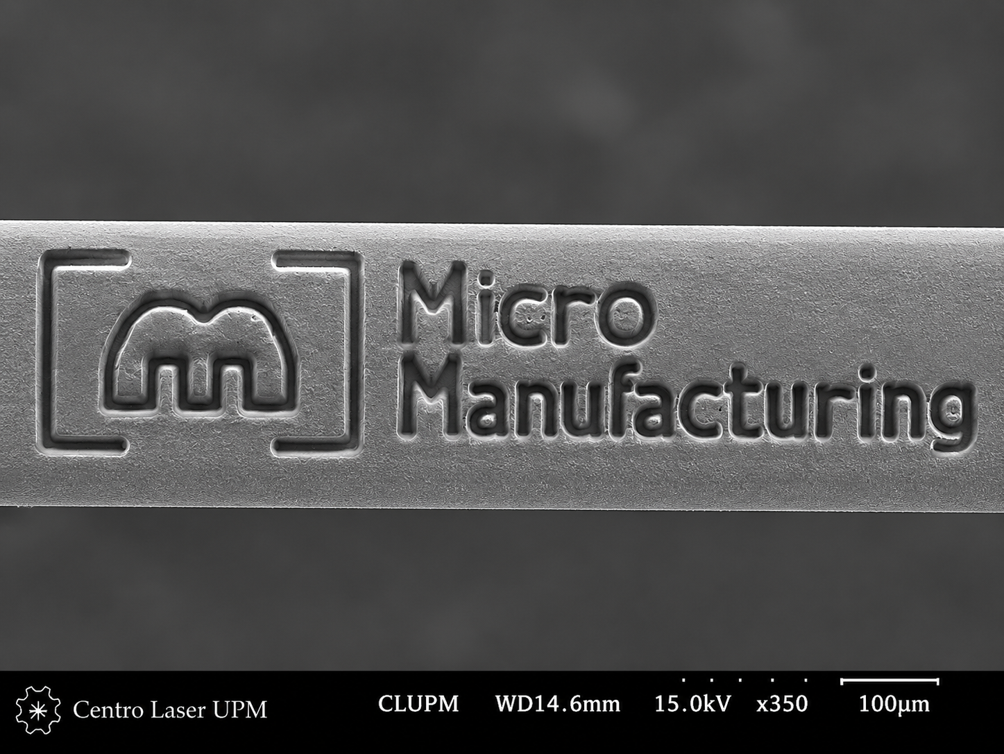 SEM image of micromachined surface showing the MicroManufacturing logo etched in silicon — scale bar 100 µm