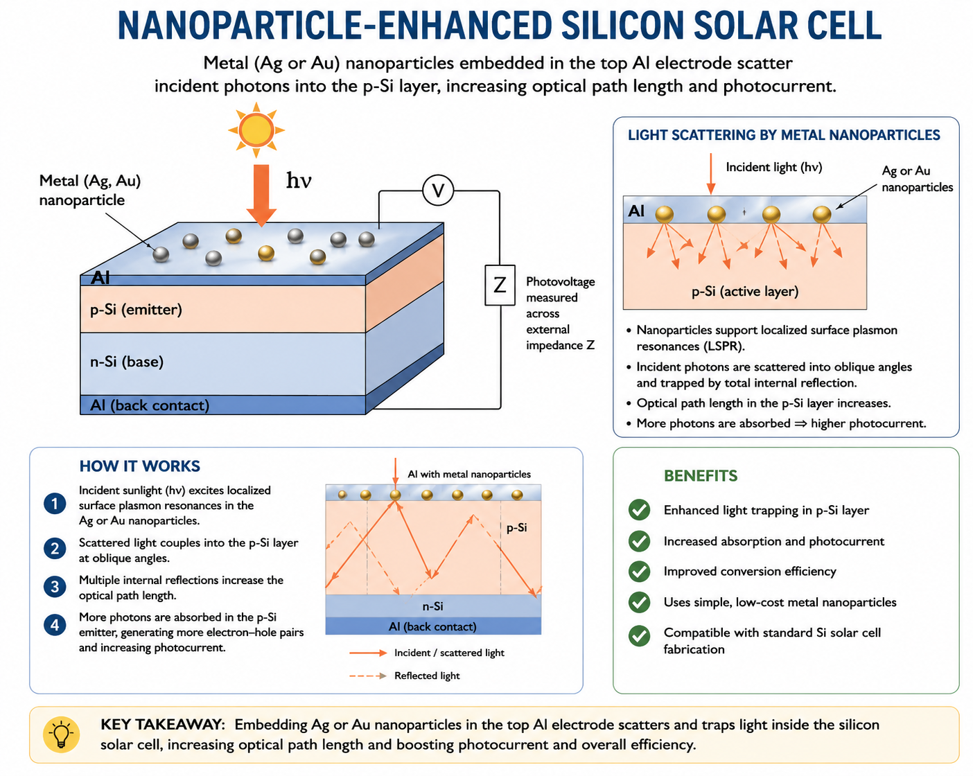 Schematic cross-section of a nanoparticle-enhanced silicon solar cell. A sunflower icon at the top represents incident light, and a large orange downward arrow labelled hν (photon energy) points into the device. To the left, a label reads Metal (Ag, Au) nanoparticle with a dotted arrow pointing to the top surface of the device. The device cross-section is a 3D rectangular block with four labelled horizontal layers from top to bottom: Al (thin aluminium top electrode with small dark spherical nanoparticles dispersed in it), p Si (p-type silicon active layer, light blue), n Si (n-type silicon base, slightly darker blue), and Al (bottom aluminium back contact, blue). A circuit symbol on the right shows a voltmeter (circle with V) connected to an impedance Z, completing the external circuit between top and bottom contacts.
