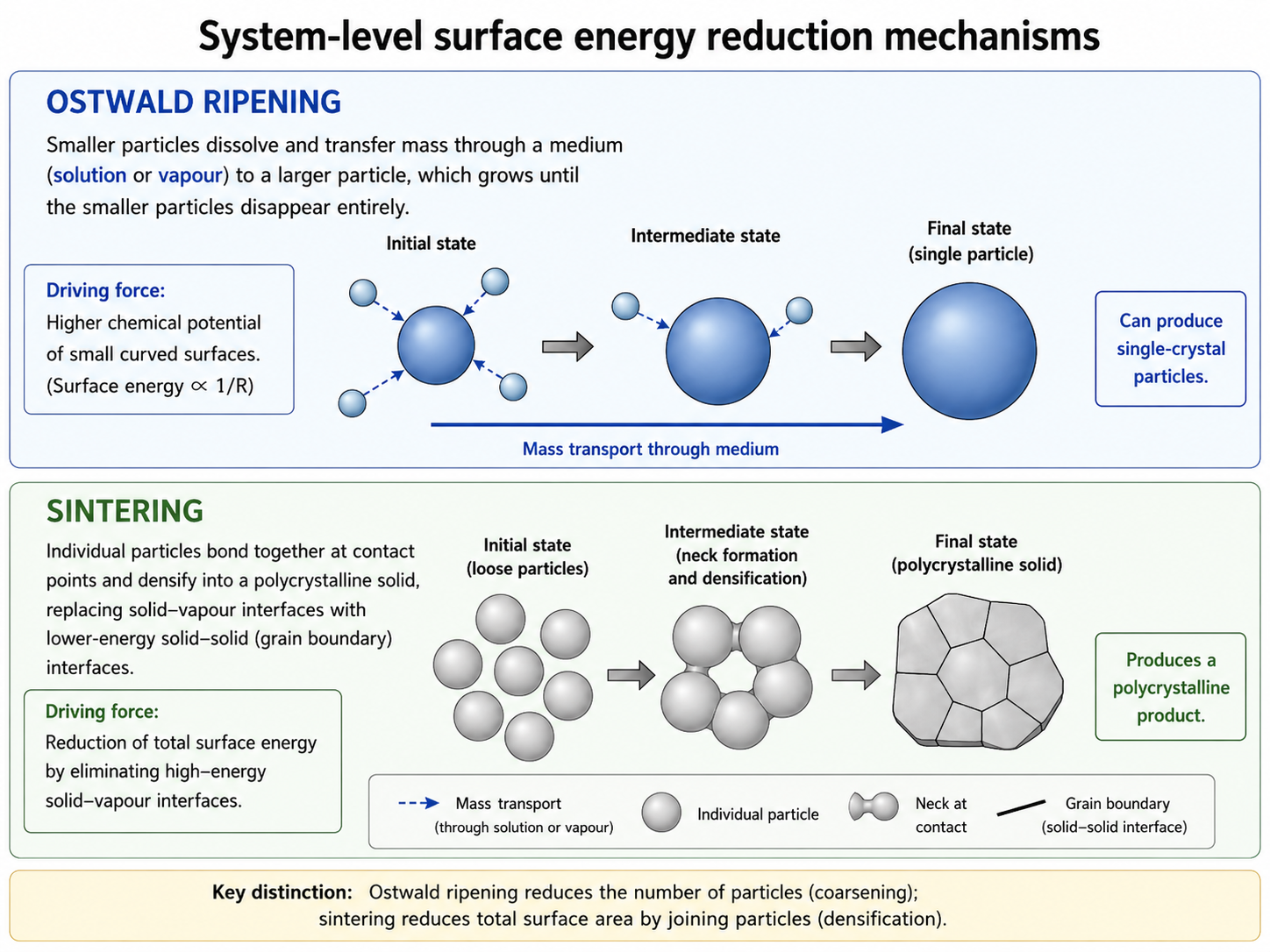 Two-row diagram: top row shows Ostwald ripening — left panel has one large sphere surrounded by four small spheres connected by arrows, right panel shows a single large sphere after ripening. Bottom row shows sintering — left panel has six separate overlapping ellipsoidal grains, right panel shows the merged polycrystalline material with grain boundaries visible between the former particles