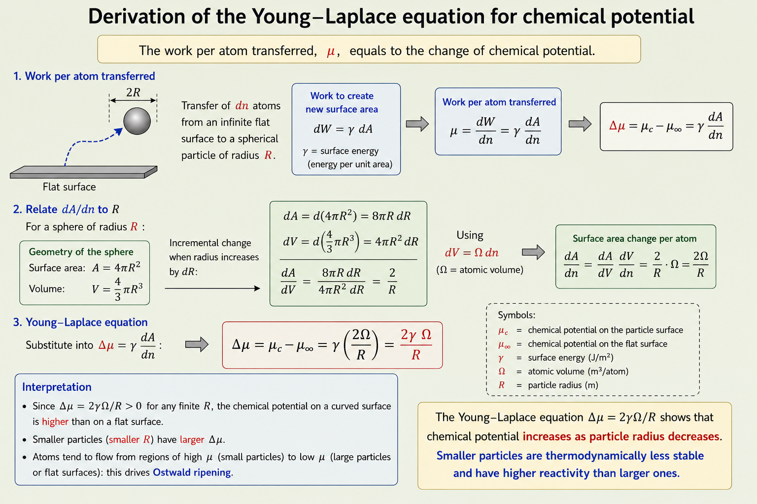 Two equation boxes: first showing Δμ = μc − μ∞ = γ(dA/dn) = γ·8πR·dR·(Ω/dV), simplifying; second showing the final Young-Laplace result Δμ = 2γΩ/R