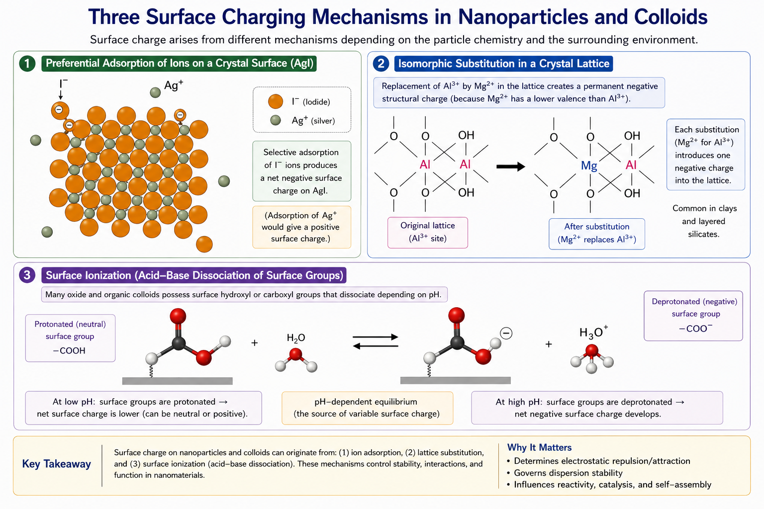 Three diagrams illustrating surface charging mechanisms. Top left: AgI crystal lattice with I-minus and Ag-plus ions shown — preferential adsorption example. Top right: isomorphic substitution showing Al-Al framework transforming to Mg-Al framework with bond structure. Bottom: molecular model of acetate dissociation equilibrium (CH3COO- + H3O+ double arrow CH3COOH + F-) illustrating surface group dissociation mechanism.