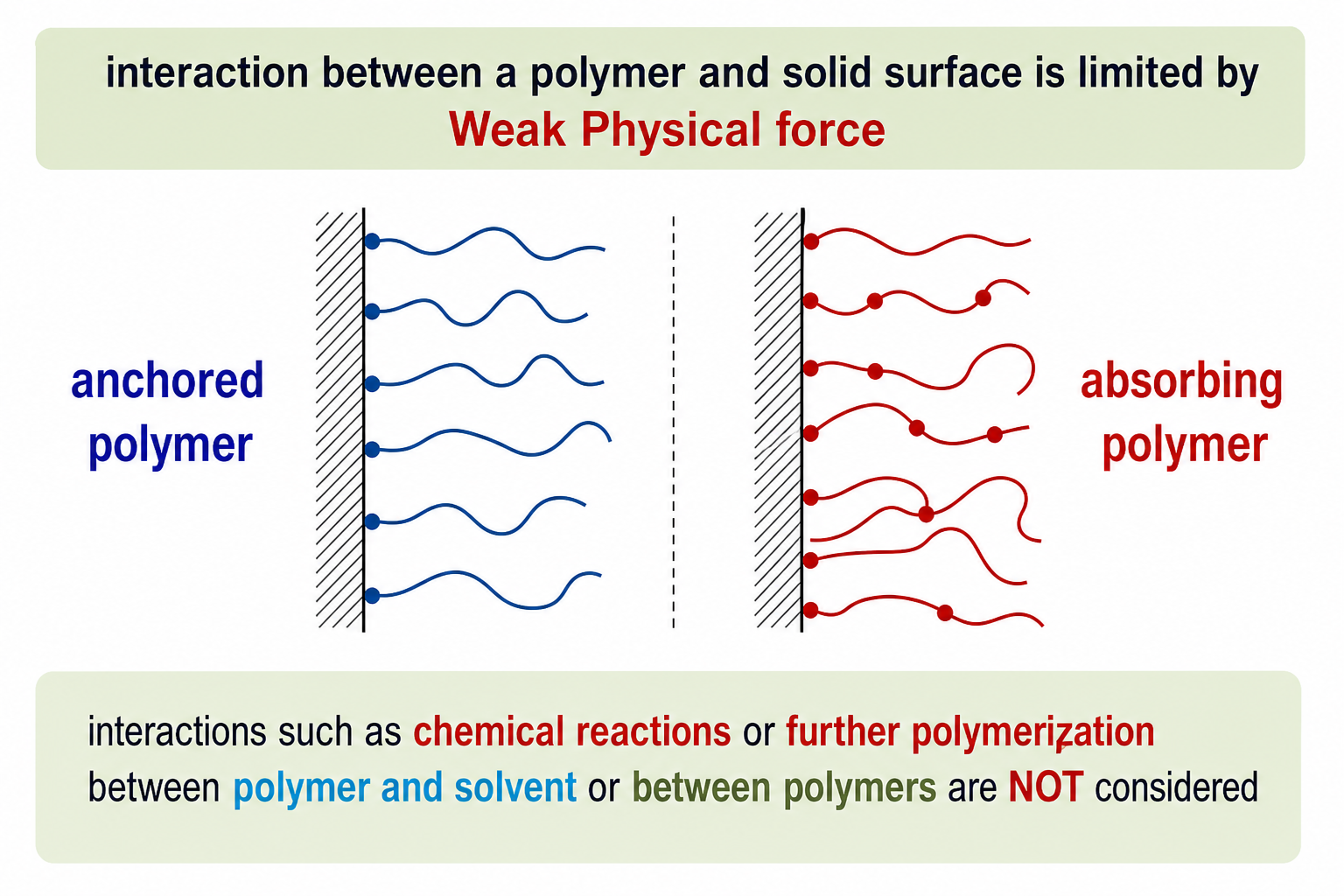 Schematic comparing anchored polymer (wavy chains attached at one end by dots to a hatched surface, left panel) and adsorbing polymer (more irregular chains with multiple contact points along backbone, right panel). Text states interaction is limited by Weak Physical force. Bottom note: interactions such as chemical reactions or further polymerization between polymer and solvent or between polymers are NOT considered.